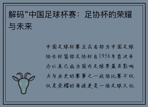 解码“中国足球杯赛：足协杯的荣耀与未来